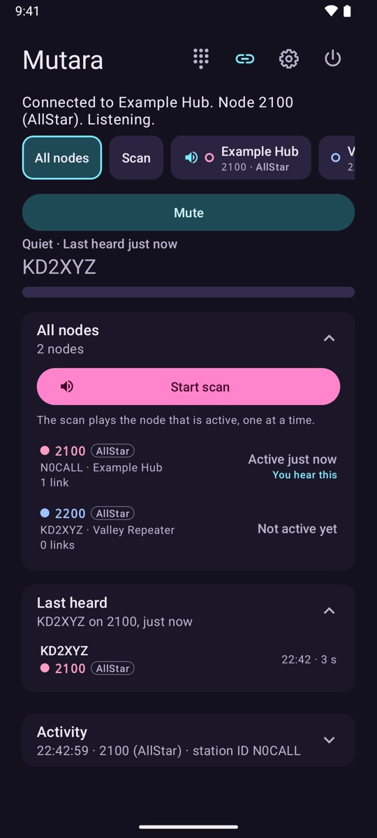 The app on All nodes, connected to Example Hub. The module bar has All nodes, Scan, Example Hub (2100, AllStar) and the next module. The receive strip says Quiet, last heard just now, KD2XYZ. The All nodes card shows 2 nodes and a Start scan button. 2100 (AllStar), N0CALL, Example Hub, is active just now, and you hear it. 2200 (AllStar), KD2XYZ, Valley Repeater, is not active yet. Below are Last heard and Activity.