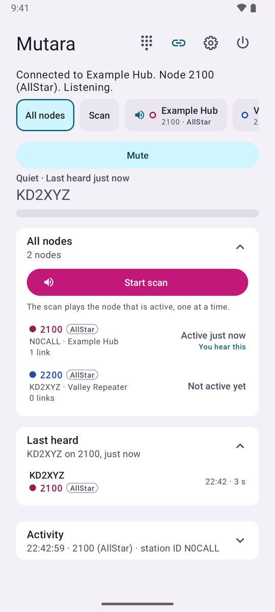 The app on All nodes, connected to Example Hub. The module bar has All nodes, Scan, Example Hub (2100, AllStar) and the next module. The receive strip says Quiet, last heard just now, KD2XYZ. The All nodes card shows 2 nodes and a Start scan button. 2100 (AllStar), N0CALL, Example Hub, is active just now, and you hear it. 2200 (AllStar), KD2XYZ, Valley Repeater, is not active yet. Below are Last heard and Activity.
