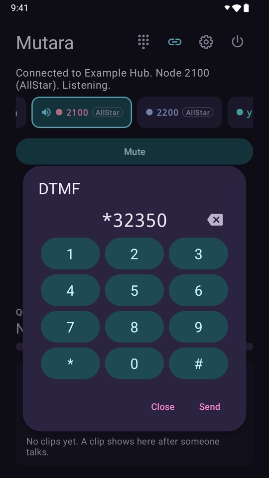 The DTMF keypad in the app, on 2100 (AllStar). The display shows *32350. The keypad has the digits 0 to 9, star and pound, with Close and Send buttons.