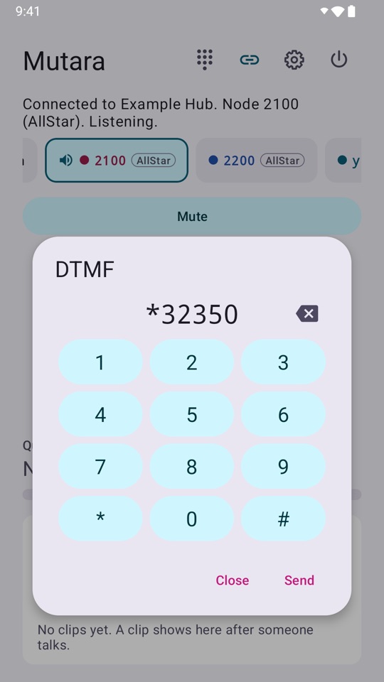 The DTMF keypad in the app, on 2100 (AllStar). The display shows *32350. The keypad has the digits 0 to 9, star and pound, with Close and Send buttons.