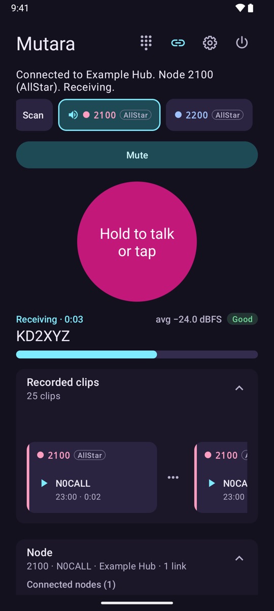 The Mutara app on an Android phone, connected to Example Hub, node 2100 (AllStar), and receiving. The module bar has Scan, 2100 (AllStar) and 2200 (AllStar), with a Mute button below. A large pink button says Hold to talk or tap. The receive strip shows KD2XYZ with a good level. Below are 25 recorded clips and the node card.