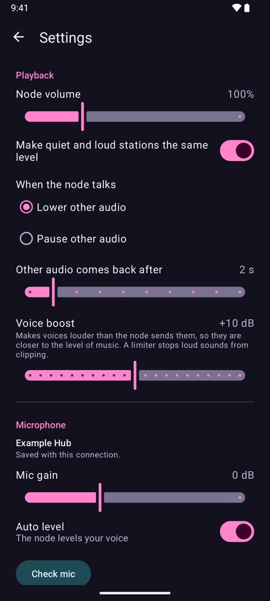 Settings in the app. Playback: Node volume 100%, Make quiet and loud stations the same level on, When the node talks: Lower other audio or Pause other audio, Other audio comes back after 2 s, and Voice boost at +10 dB with a slider. Microphone for Example Hub: Mic gain 0 dB, Auto level on, and Check mic.