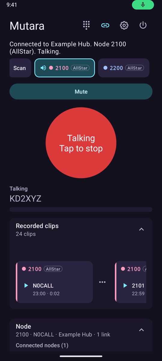 The app while the user talks. A green microphone icon shows in the status bar. The status says Talking. The talk button is red and says Talking, Tap to stop.