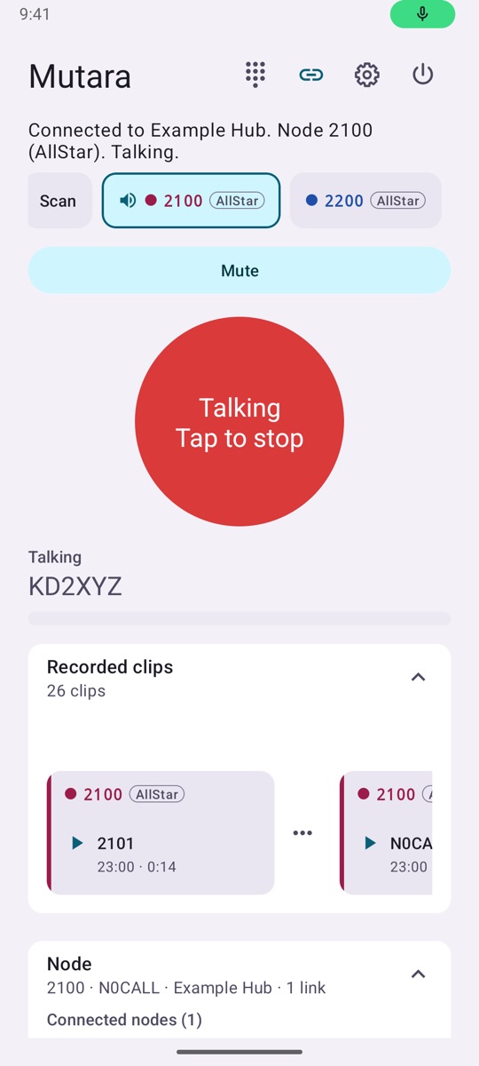 The app while the user talks. A green microphone icon shows in the status bar. The status says Talking. The talk button is red and says Talking, Tap to stop.