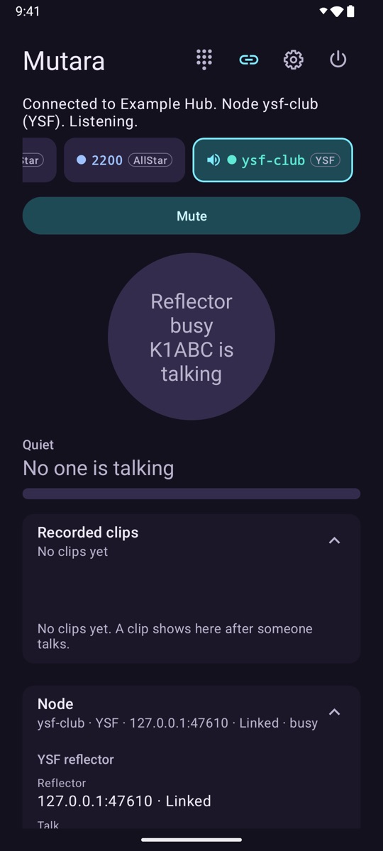 The app on the ysf-club (YSF) module. The talk button says Reflector busy, K1ABC is talking. The node card shows ysf-club, YSF, Linked, busy.