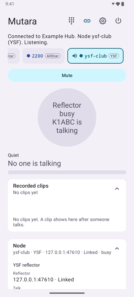 The app on the ysf-club (YSF) module. The talk button says Reflector busy, K1ABC is talking. The node card shows ysf-club, YSF, Linked, busy.