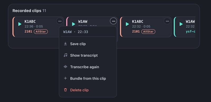 Recorded clips on the All nodes page: K1ABC on 2101, W1AW on 2100 and W1AW (YSF) on ysf-club, each with a color for its module. The menu of the W1AW clip is open with Save clip, Show transcript, Transcribe again, Bundle from this clip and Delete clip.