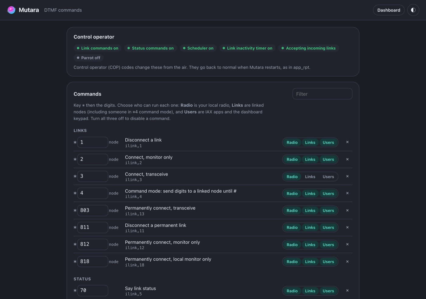 The Commands page. It shows control operator switches and DTMF commands. Each command has Radio, Links and Users access.