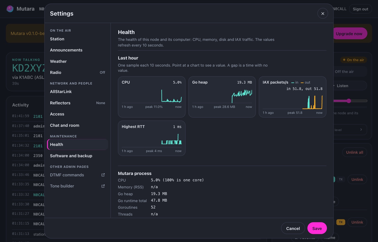 The Health page in Settings. Charts for the last hour show CPU at 5.0 percent, Go heap at 19.3 MB, IAX packets per second in and out at 51.8, and highest RTT at 1 ms. Below them are the values of the Mutara process.