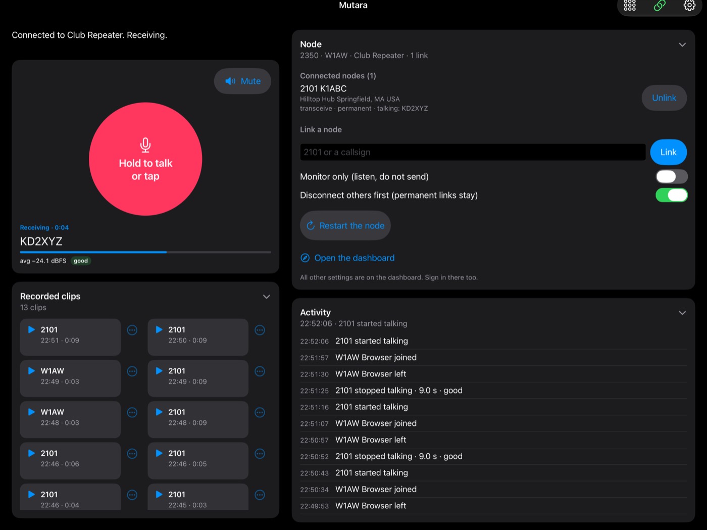 The app on an iPad in landscape, in two columns. On the left, KD2XYZ talks with a good level, and 13 recorded clips show in a grid. On the right: the node card for 2350 W1AW Club Repeater, with the link 2101 K1ABC Hilltop Hub, where KD2XYZ talks, and an Unlink button, the Link a node box, Monitor only, Disconnect others first, Restart the node, Open the dashboard, and the Activity of the node.