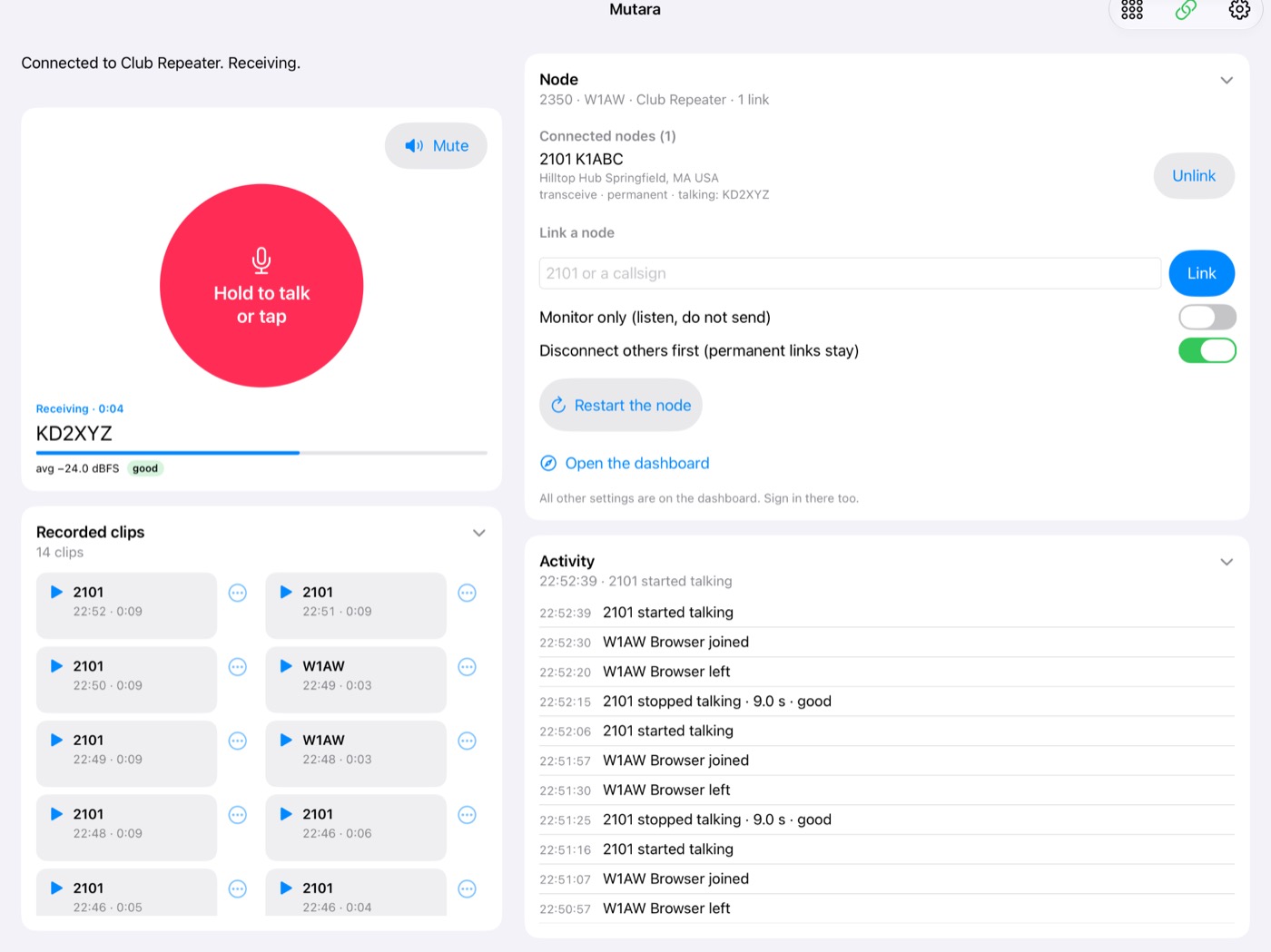 The app on an iPad in landscape, in two columns. On the left, KD2XYZ talks with a good level, and 13 recorded clips show in a grid. On the right: the node card for 2350 W1AW Club Repeater, with the link 2101 K1ABC Hilltop Hub, where KD2XYZ talks, and an Unlink button, the Link a node box, Monitor only, Disconnect others first, Restart the node, Open the dashboard, and the Activity of the node.
