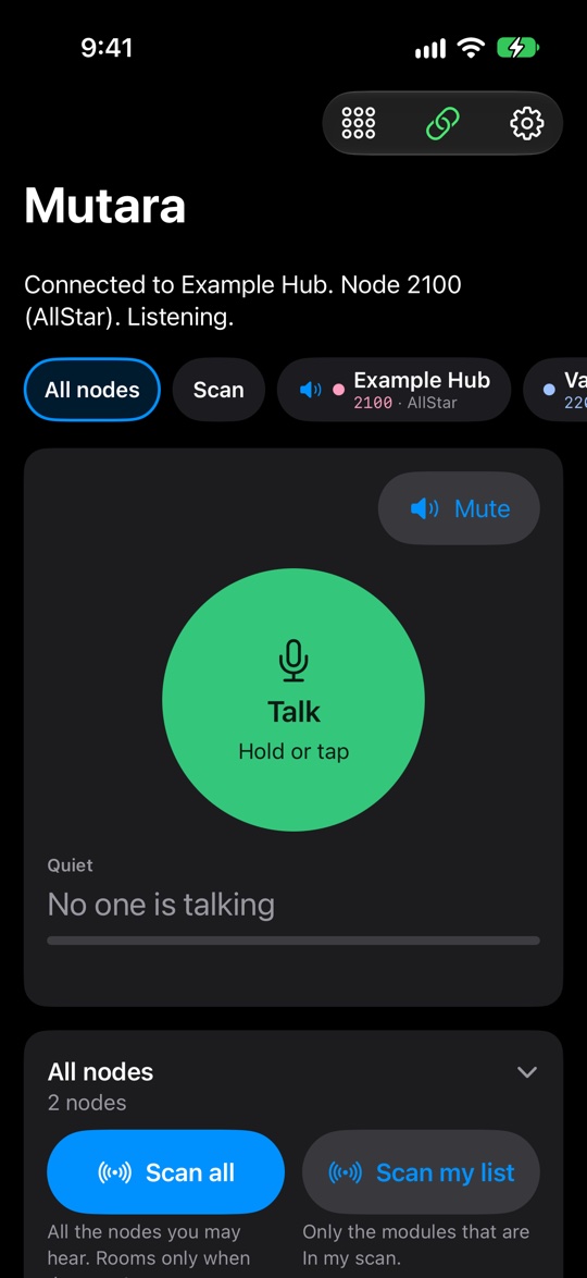 The app on an iPhone on All nodes. The status says Connected to Example Hub, Node 2100 (AllStar), Listening. The module bar has All nodes, Scan, Example Hub (2100, AllStar) and the next module. Below, Quiet, No one is talking, and the All nodes card with 2 nodes and two buttons, Scan all and Scan my list.