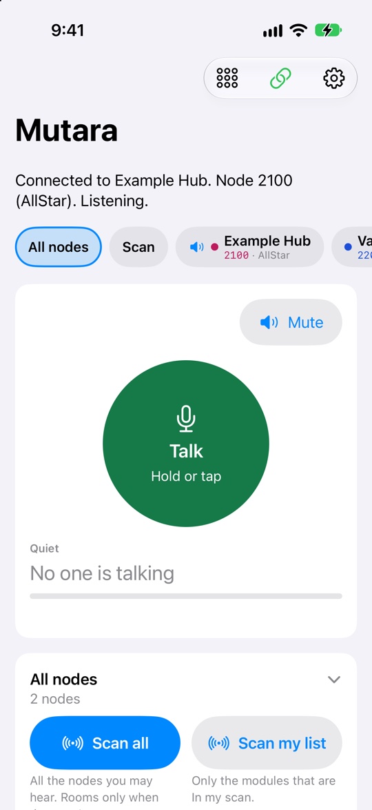 The app on an iPhone on All nodes. The status says Connected to Example Hub, Node 2100 (AllStar), Listening. The module bar has All nodes, Scan, Example Hub (2100, AllStar) and the next module. Below, Quiet, No one is talking, and the All nodes card with 2 nodes and two buttons, Scan all and Scan my list.