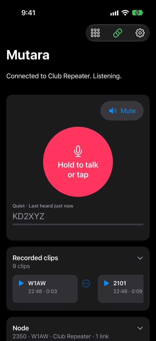 The app on an iPhone. The receive strip says Quiet, last heard just now, KD2XYZ. Below, Recorded clips shows 9 clips in a row, from W1AW and 2101. Each clip has a play button and a More button.