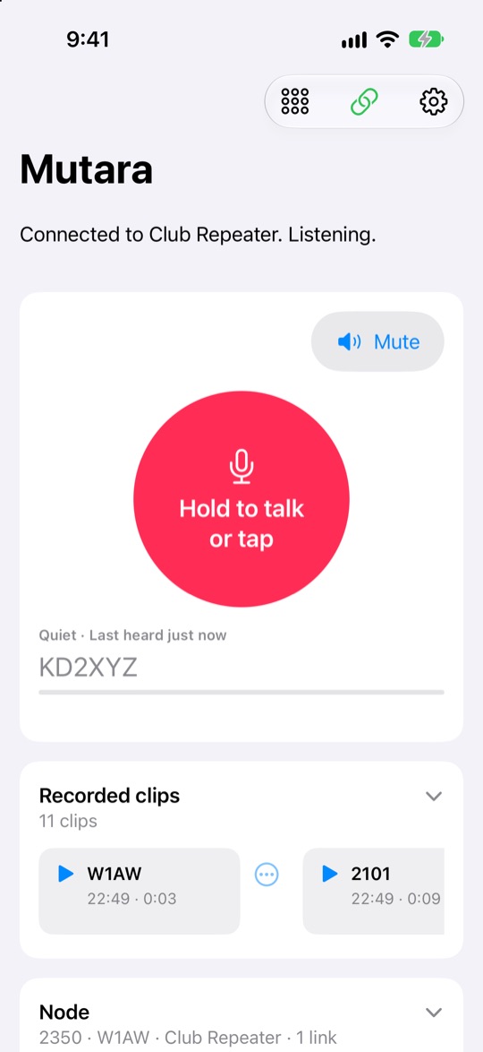 The app on an iPhone. The receive strip says Quiet, last heard just now, KD2XYZ. Below, Recorded clips shows 9 clips in a row, from W1AW and 2101. Each clip has a play button and a More button.