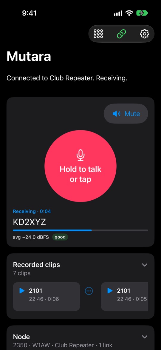 The app on an iPhone, connected to Club Repeater and receiving. A large pink button says Hold to talk or tap, with a Mute button. The receive strip shows KD2XYZ, 0:04, with a good level. Below are 7 recorded clips and the node card: 2350, W1AW, Club Repeater, 1 link.