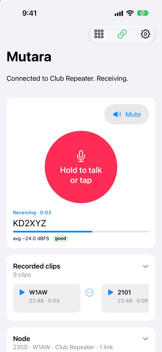 The app on an iPhone, connected to Club Repeater and receiving. A large pink button says Hold to talk or tap, with a Mute button. The receive strip shows KD2XYZ, 0:04, with a good level. Below are 7 recorded clips and the node card: 2350, W1AW, Club Repeater, 1 link.