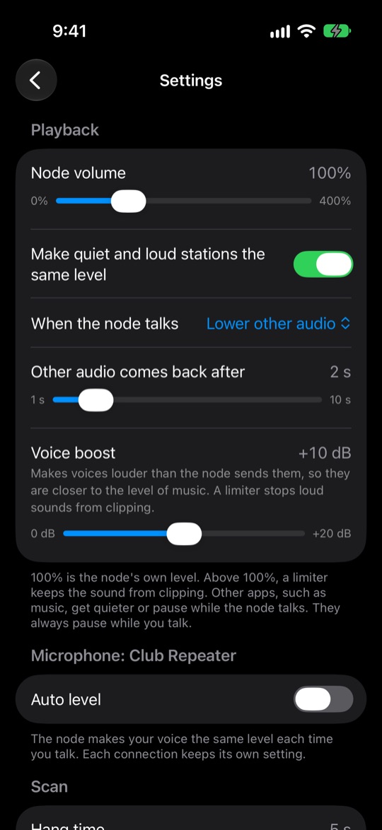 Settings in the app on an iPhone. Playback: Node volume 100%, Make quiet and loud stations the same level on, When the node talks: Lower other audio, Other audio comes back after 2 s, and Voice boost at +10 dB with a slider from 0 to +20 dB. Below, Microphone: Club Repeater with Auto level, and Scan.