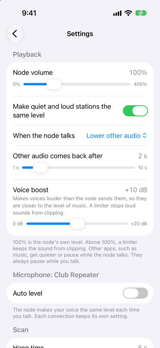 Settings in the app on an iPhone. Playback: Node volume 100%, Make quiet and loud stations the same level on, When the node talks: Lower other audio, Other audio comes back after 2 s, and Voice boost at +10 dB with a slider from 0 to +20 dB. Below, Microphone: Club Repeater with Auto level, and Scan.