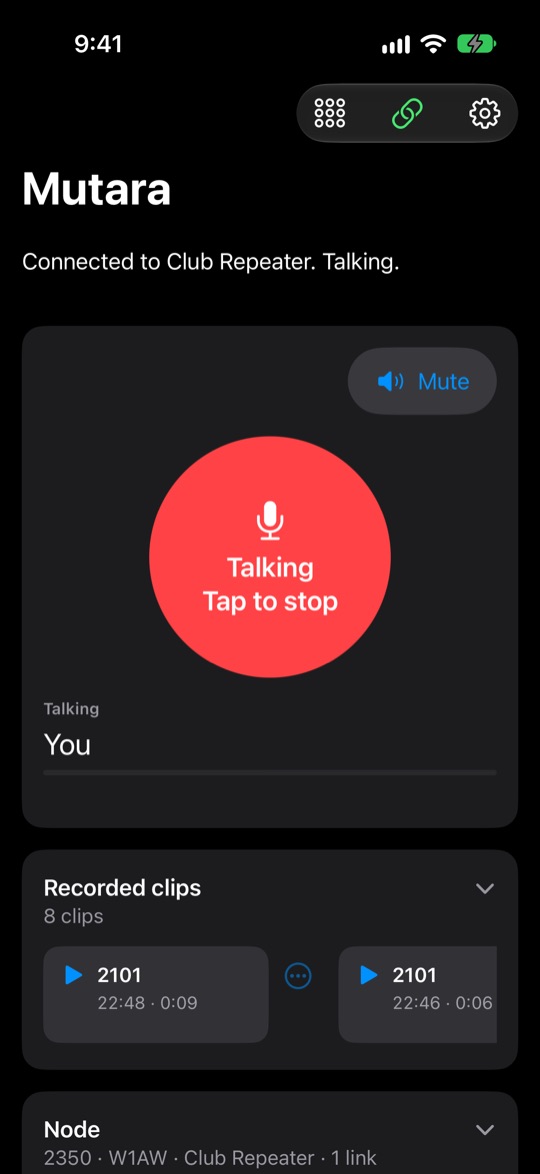 The app on an iPhone while the user talks. The status says Connected to Club Repeater, Talking. The talk button is red and says Talking, Tap to stop. The receive strip says Talking, You.