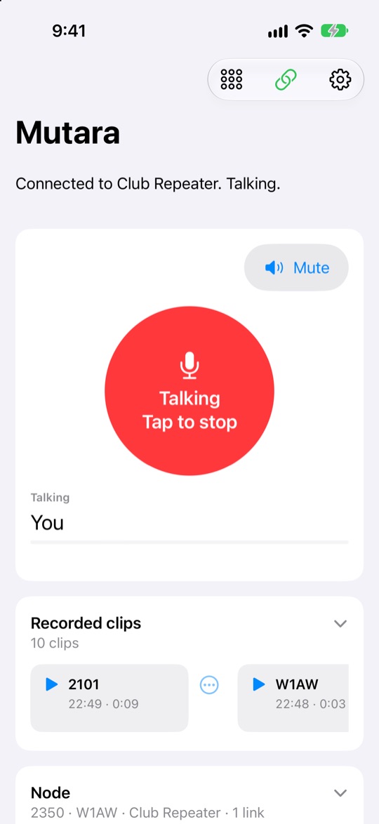 The app on an iPhone while the user talks. The status says Connected to Club Repeater, Talking. The talk button is red and says Talking, Tap to stop. The receive strip says Talking, You.