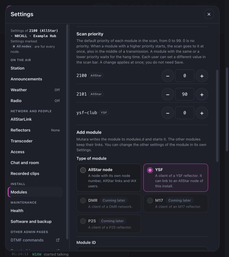 Settings, Modules. The scan priority of 2100 is 0, of 2101 is 90 and of ysf-club is 0. Below, Add module, Type of module, with radio cards: AllStar node; YSF, selected; and DMR, M17 and P25, each marked Coming later.
