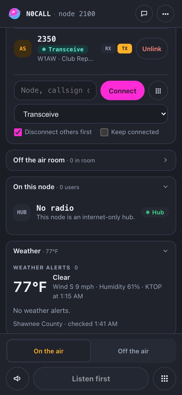 The dashboard of example node 2100 on a phone. On this node shows No radio with a Hub badge. The Weather fold shows the current weather and no weather alerts.