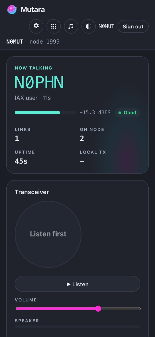 The Mutara dashboard on a phone. N0PHN talks with a Good level.