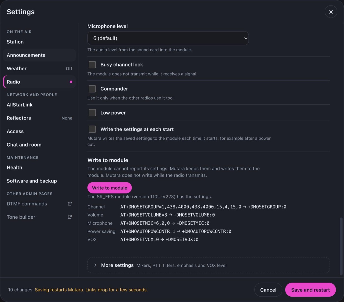 The Radio module section in Settings after Write to module. The SR_FRS module, version 110U-V223, has the settings. Each command shows its result: channel 438.4000 MHz, volume 8, microphone 6, power saving off and VOX off, all with the reply 0.