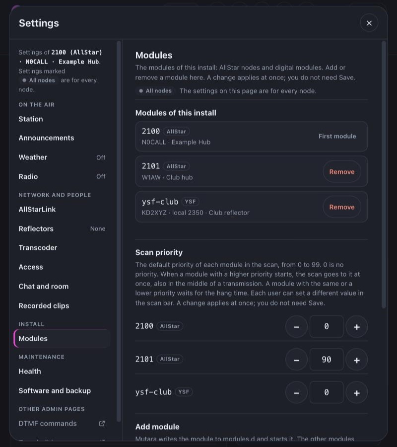 Settings of 2100 (AllStar), N0CALL, Example Hub, on the Modules page. The left rail has the groups On the air, Network and people, Install and Maintenance. Modules of this install lists 2100 (AllStar) as First module, and 2101 (AllStar) and ysf-club (YSF), each with a Remove button. Scan priority shows 0 for 2100, 90 for 2101 and 0 for ysf-club.