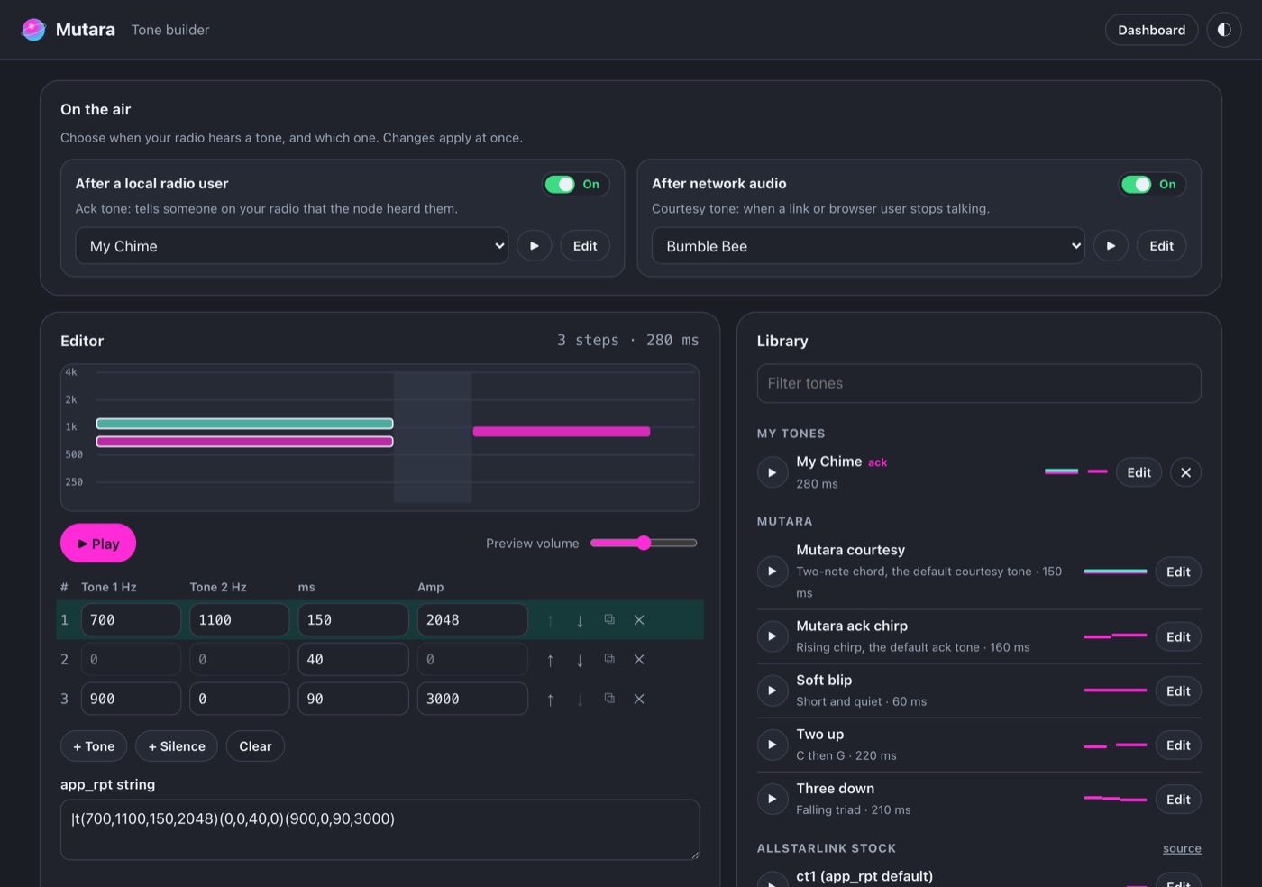 The tone builder. It shows an editor for a three-step tone and a library of presets.