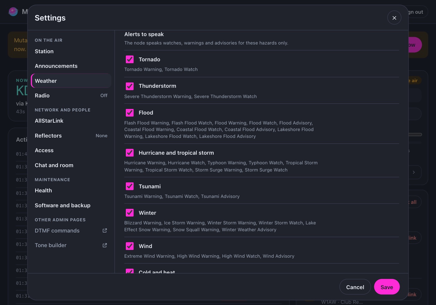 The Weather page in Settings. It shows the alerts to speak: tornado, thunderstorm, flood, hurricane and tropical storm, tsunami, winter, wind, cold and heat, and fire weather. Each type has a check box.